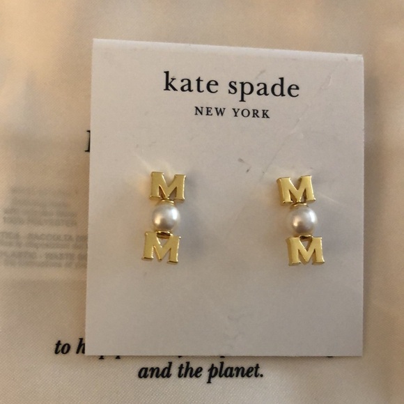 Kate Spade Gold Tone Love You, Mom Linear Stud Earrings Faux Pearl Accent NWT - Picture 1 of 12